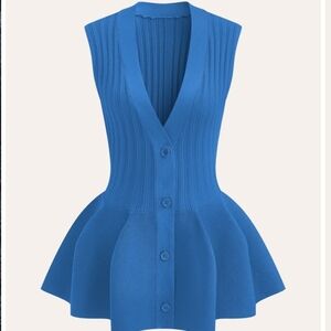 Commense Vest Button Up Structured Sleeveless Knit Sweater Peplum Blue S NWT